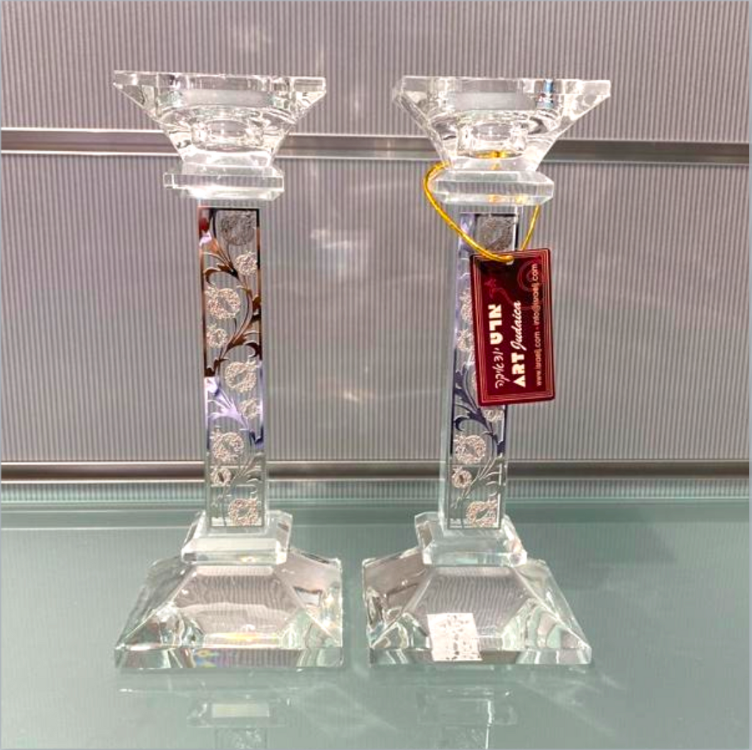 ART Medium Sized Shabbat Candlesticks - Glass With Pomegranate Design