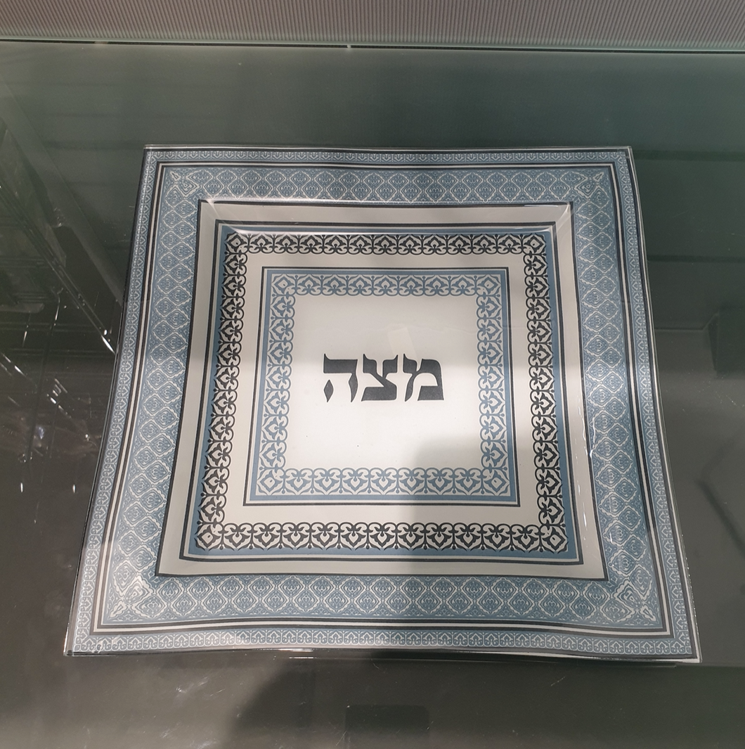 Glass Matza tray - Blue/White